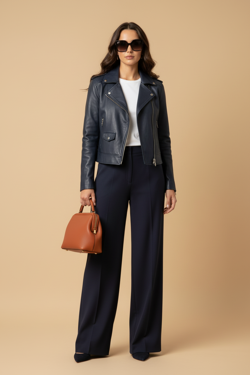 Navy leather biker | midnight blue