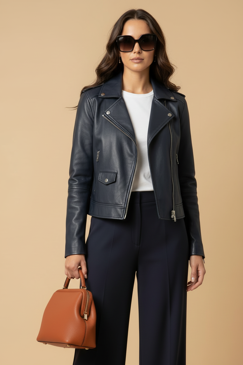 Navy leather biker | midnight blue