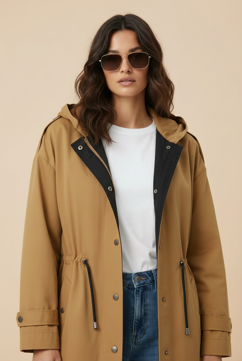 Victorinne trench latte detail zwarte binnenpatte en zwart taillekoord