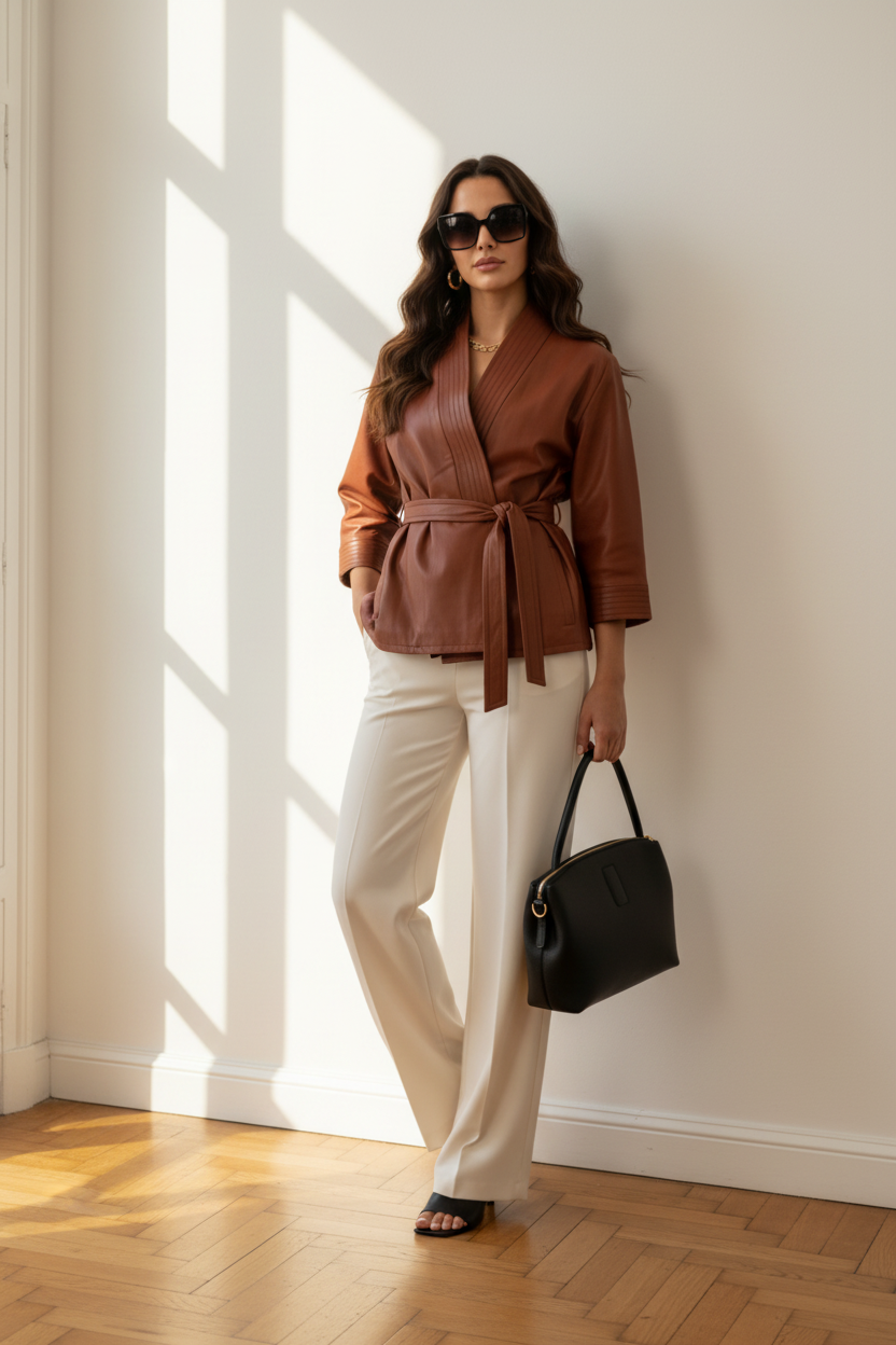 Cognac leather kimono | cognac