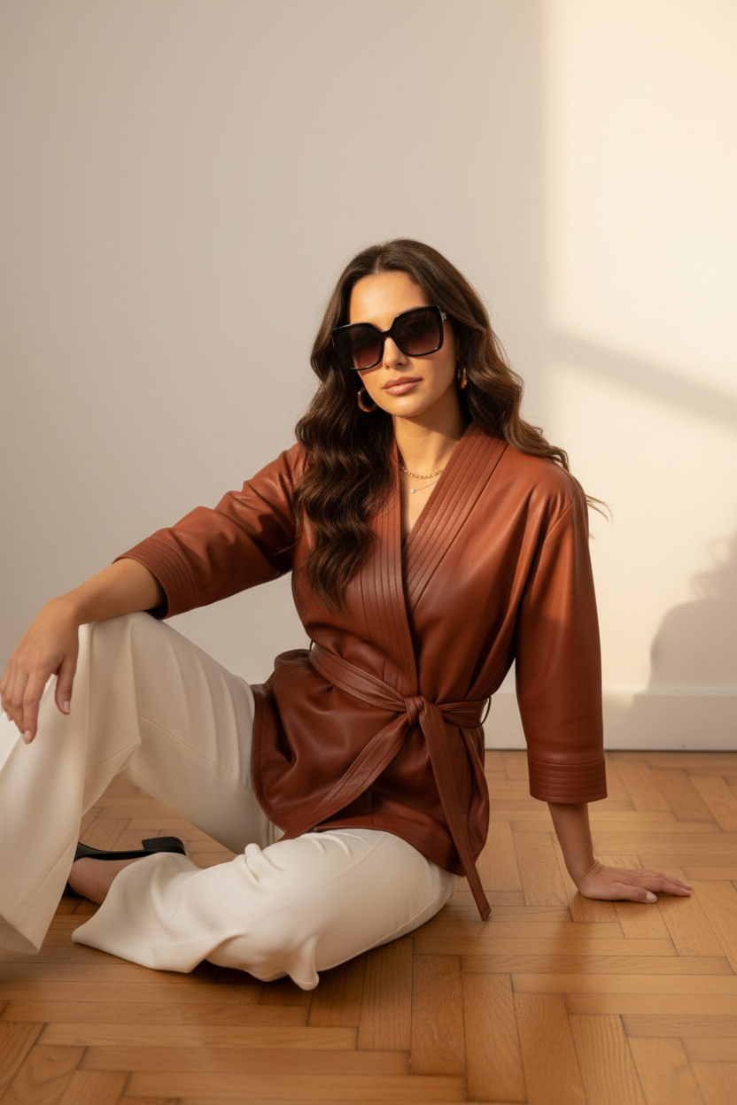 Cognac leather kimono | cognac
