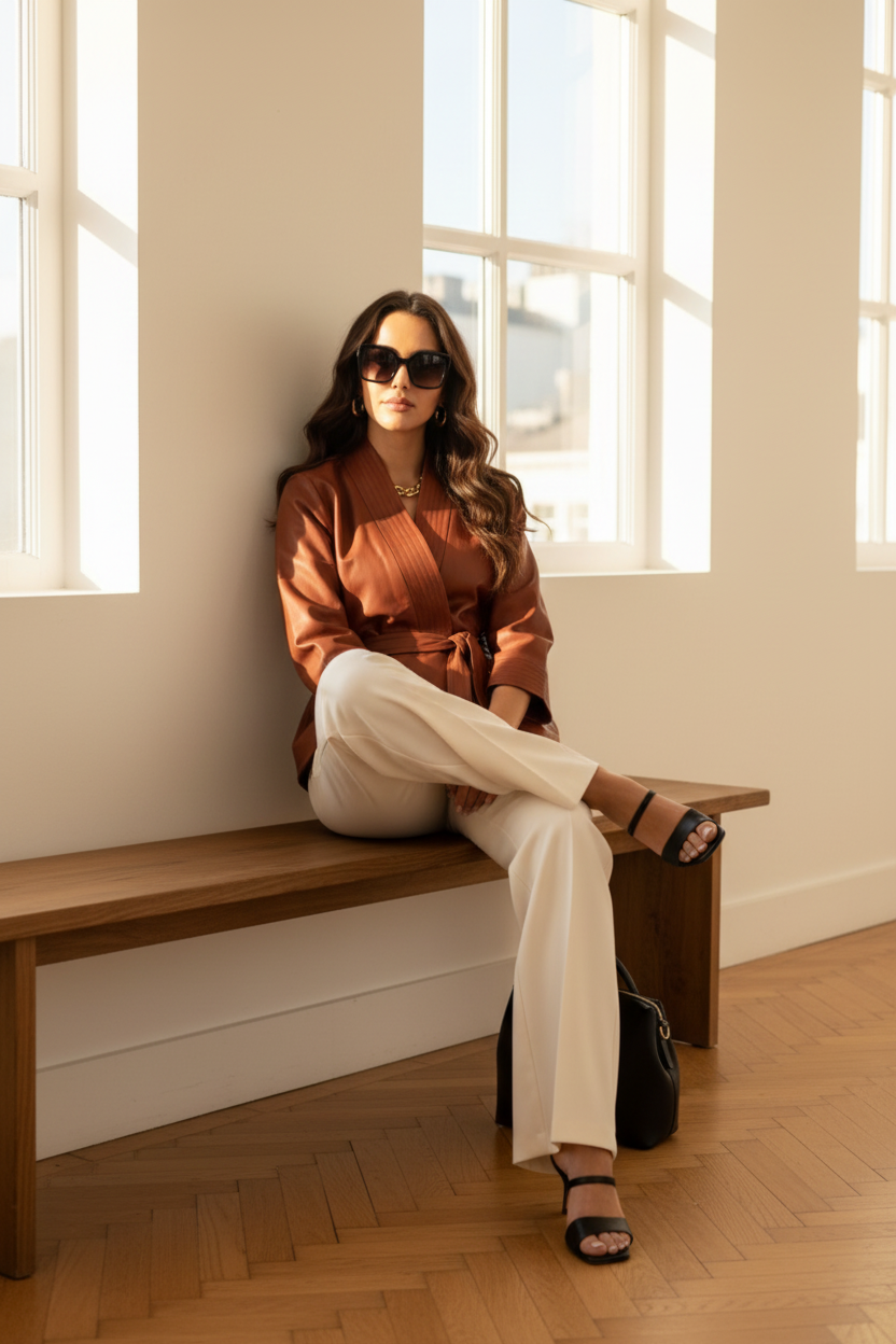 Cognac leather kimono | cognac