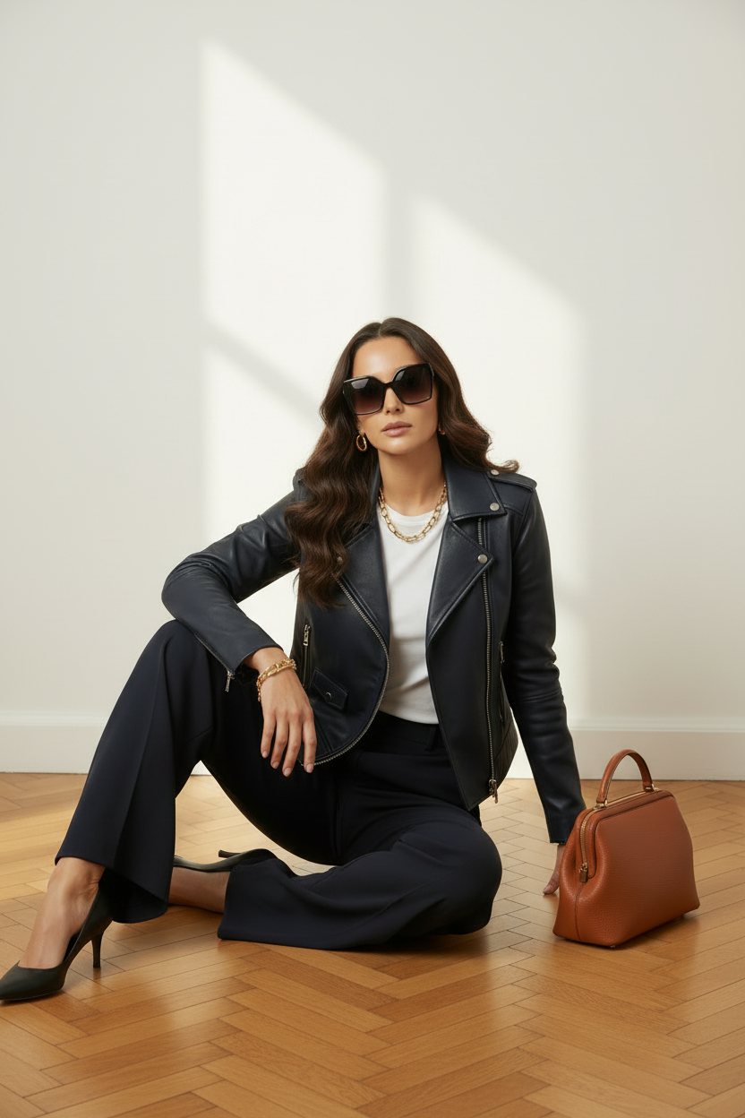 Navy leather biker | midnight blue